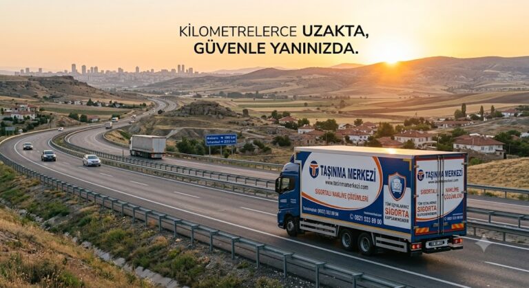 Taşınma Merkezi nakliye aracı, şehirler arası yolda gün batımı manzarası eşliğinde, güvenli ve sigortalı taşımacılık hizmeti sunarken.