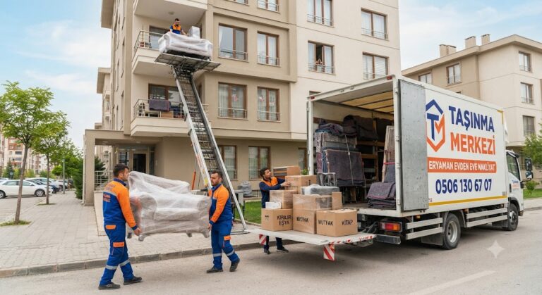 Taşınma Merkezi Eryaman evden eve nakliyat hizmeti sırasında asansörlü taşıma yapan profesyonel nakliye ekibi.